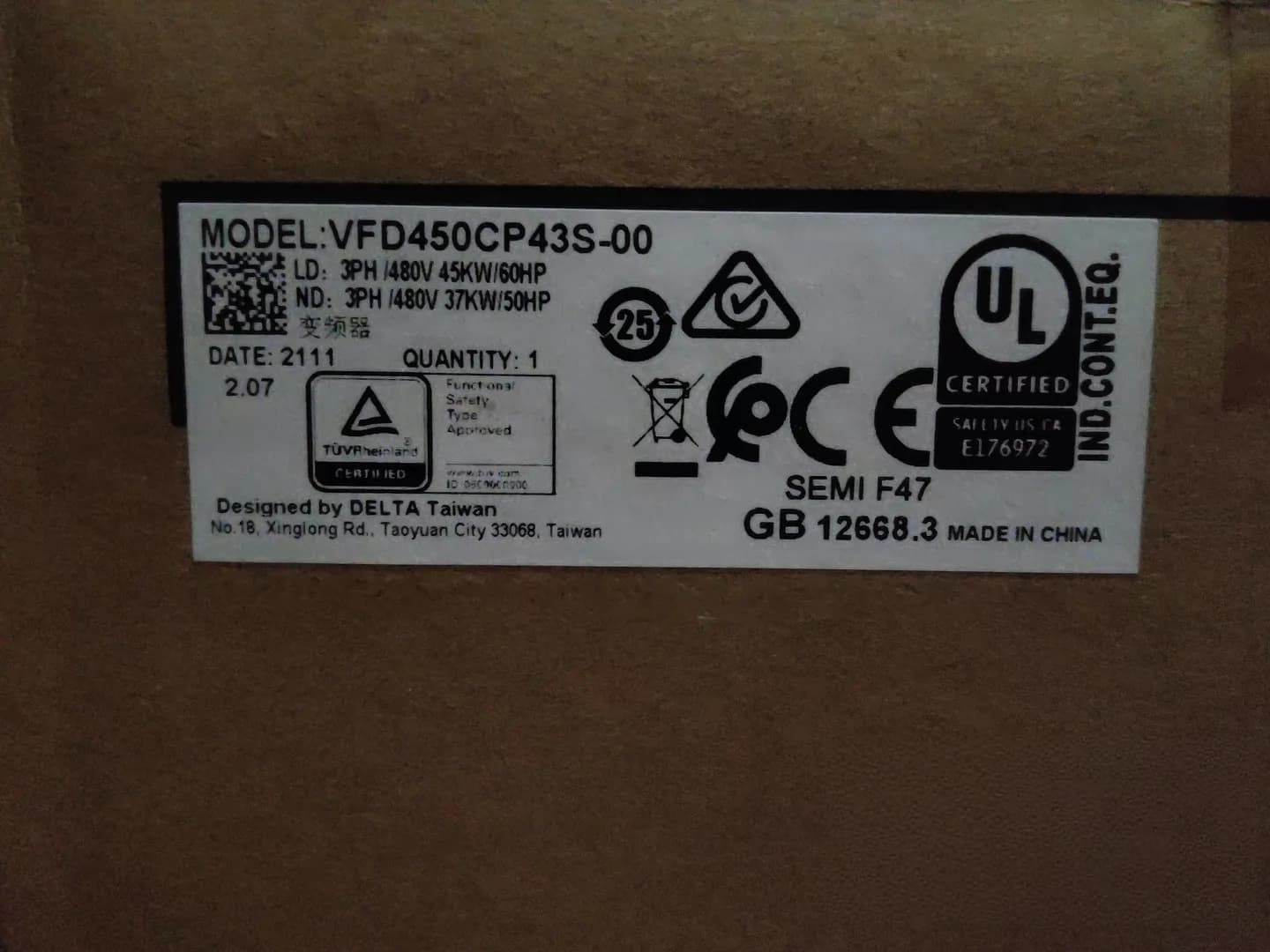 100% brand new original and genuine Delta VFD450CP43S-00 380V45KW Frequency converters Drive Servo Motor